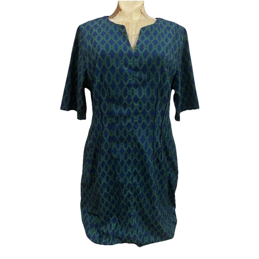 Zapelle Custom Blue Green Shaped Shift Dress Short Sleeve Lined Knee Length L
